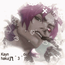 a drawing of a girl with purple hair and the words " kayn haku " on the bottom