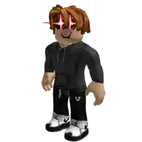 a roblox character with red eyes is wearing a black shirt and black pants