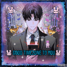 a man in a suit and tie is looking at his phone with the words good timezone to you above him
