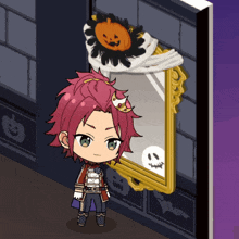 a cartoon character with red hair stands in front of a mirror