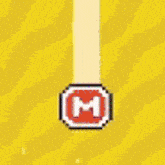 a pixel art of a person flying through the air next to a m sign .