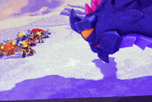 a group of cartoon characters are standing in the snow with a purple background