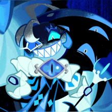 a cartoon character with a blue eye and a sword in his hand