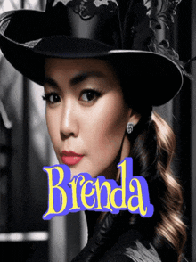 a woman wearing a cowboy hat with the name brenda on the bottom