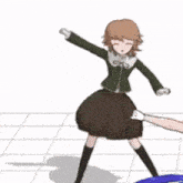 a girl in a green jacket and brown skirt is dancing next to another girl