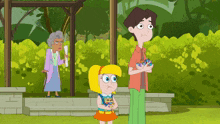 a cartoon of a girl holding a teddy bear standing next to a man and woman