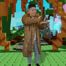 a man in a fur coat is standing in front of a minecraft scene .