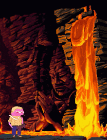 a pixel art of a man standing in front of a statue of a man