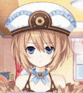 a girl wearing a white hat with a brown circle in the middle