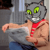 a person with a cat 's head on reading a newspaper