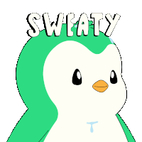a cartoon penguin with sweat coming out of its nose and the word sweaty written above it