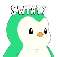 a cartoon penguin with sweat coming out of its nose and the word sweaty written above it