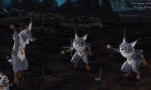 a screenshot of a video game shows a fox dancing with a check research report put away survey button in the corner