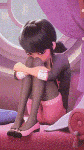 a cartoon girl is sitting on a couch with her knees crossed .