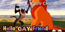a lion and a baboon from the lion king are standing next to each other
