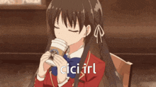 a girl drinking from a coffee cup with the word cici in the bottom right corner