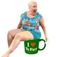 a woman is sitting on a green coffee cup that says i love to fart