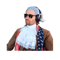 a man wearing headphones and a wig is surrounded by feathers