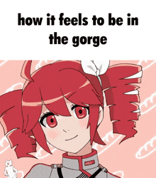 a cartoon of a girl with red hair and the words how it feels to be in the gorge