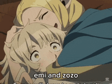 a cartoon of a girl hugging another girl with the words emi and zozo on the bottom
