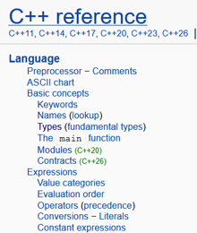 a page that says c ++ reference at the top and language at the bottom