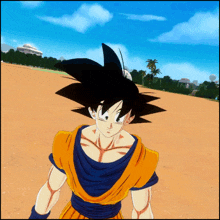 a cartoon character named goku is standing on a dirt field