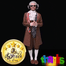 a man in a costume is dancing in front of a microphone and a coin .