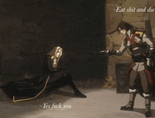 a cartoon of a man pointing at another man with the words " eat shit and die " on the bottom