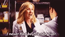 a woman in a lab coat is talking to another woman who says i never had boyfriends ever