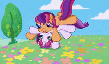 a cartoon pony is laying on its back on a field of flowers .