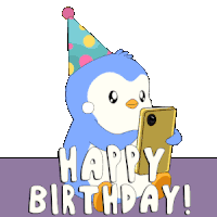 a birthday card with a penguin using a phone