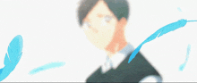 a boy with a blue feather in the background