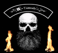 a skull with a beard is surrounded by flames and a patch that says k-tastrofe