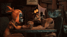 a cartoon character is sitting at a table with a plate of food in front of him