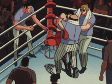 a group of men are in a boxing ring and one of them has a white towel around his neck