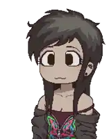 a pixel art drawing of a girl with a butterfly on her top
