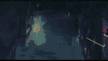 a witch is riding a broom down a dark street