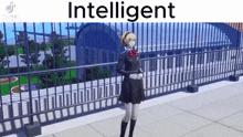 a girl in a school uniform is standing on a balcony next to a fence with the words `` intelligent '' written on it .