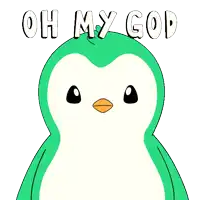 a green penguin with its eyes closed and the words oh my god written above it