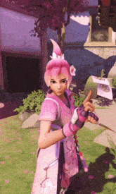 a girl with pink hair is holding a pair of scissors in a video game