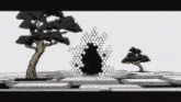 a black and white drawing of a maze with trees in the foreground