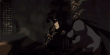 a cartoon of a man in a batman costume is flying through the air .