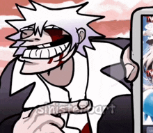 a cartoon drawing of a man with blood on his face and the word sinister art on the bottom