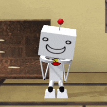 a white robot with a smiley face and a red ball on its head