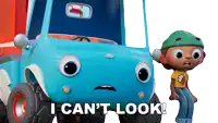 a boy standing next to a blue toy truck with the words i can 't look