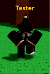 a cartoon character is standing on a green tile floor and the name tester is on the bottom of the screen .