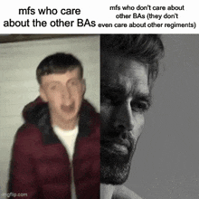 a man in a red jacket is next to a man with a beard who is crying .