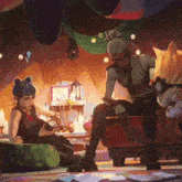 a man and a woman sit on a couch in a room