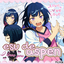 a picture of a girl with the words " esu de aspen i love you " on it