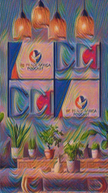 a painting of a room with potted plants and a sign that says ' ec africa podcast '